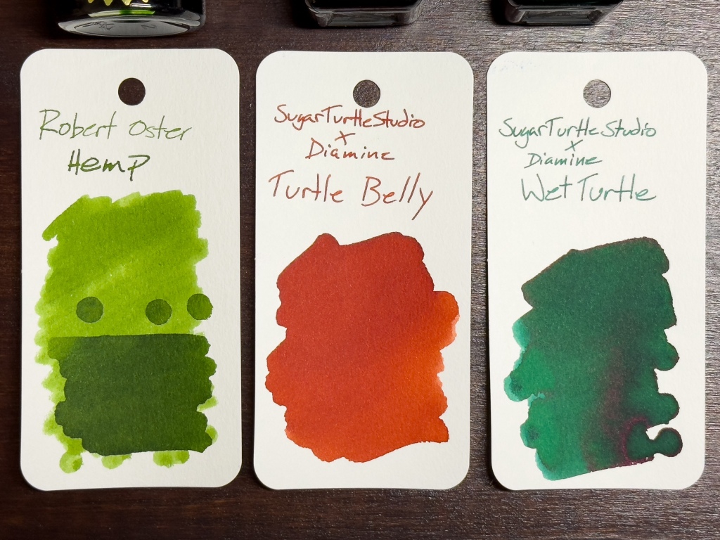 Ink Swatches of Robert Oster Hemp, Sugar Turtle Studio Turtle Belly, and Sugar Turtle Studio Wet Turtle