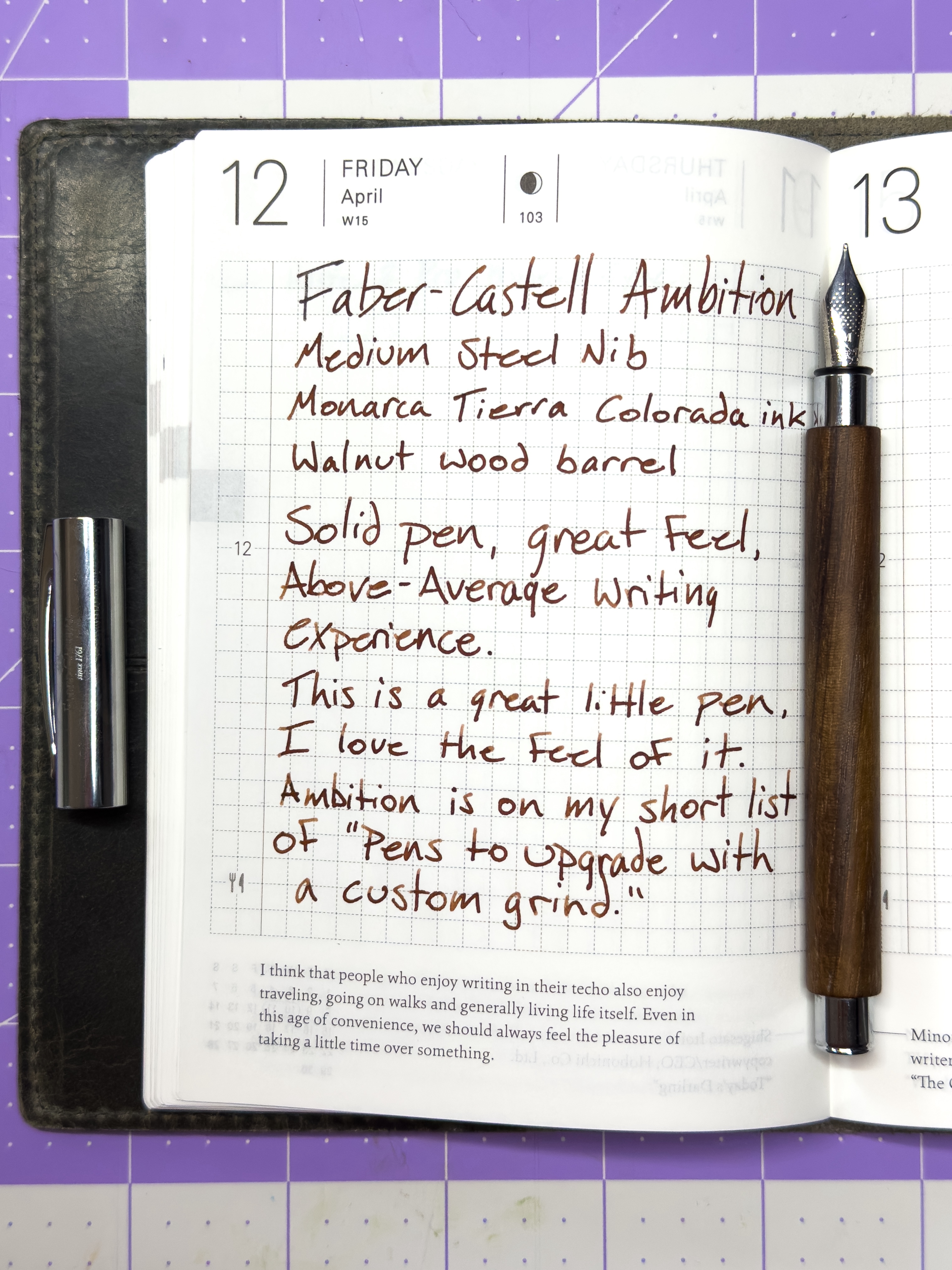 Faber-Castell Ambition walnut wood writing sample with Monarca Tierra Colorada fountain pen ink